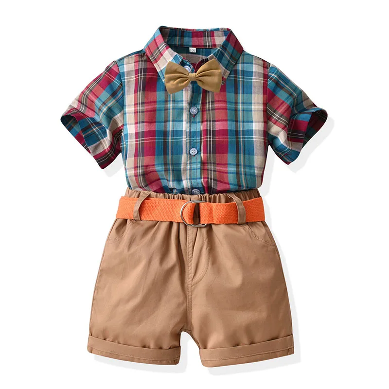 

Комплекты одежды для маленьких мальчиков, красивые костюмы для мальчиков, клетчатая рубашка с рукавом и шорты с поясом, комплект из 2 предме...