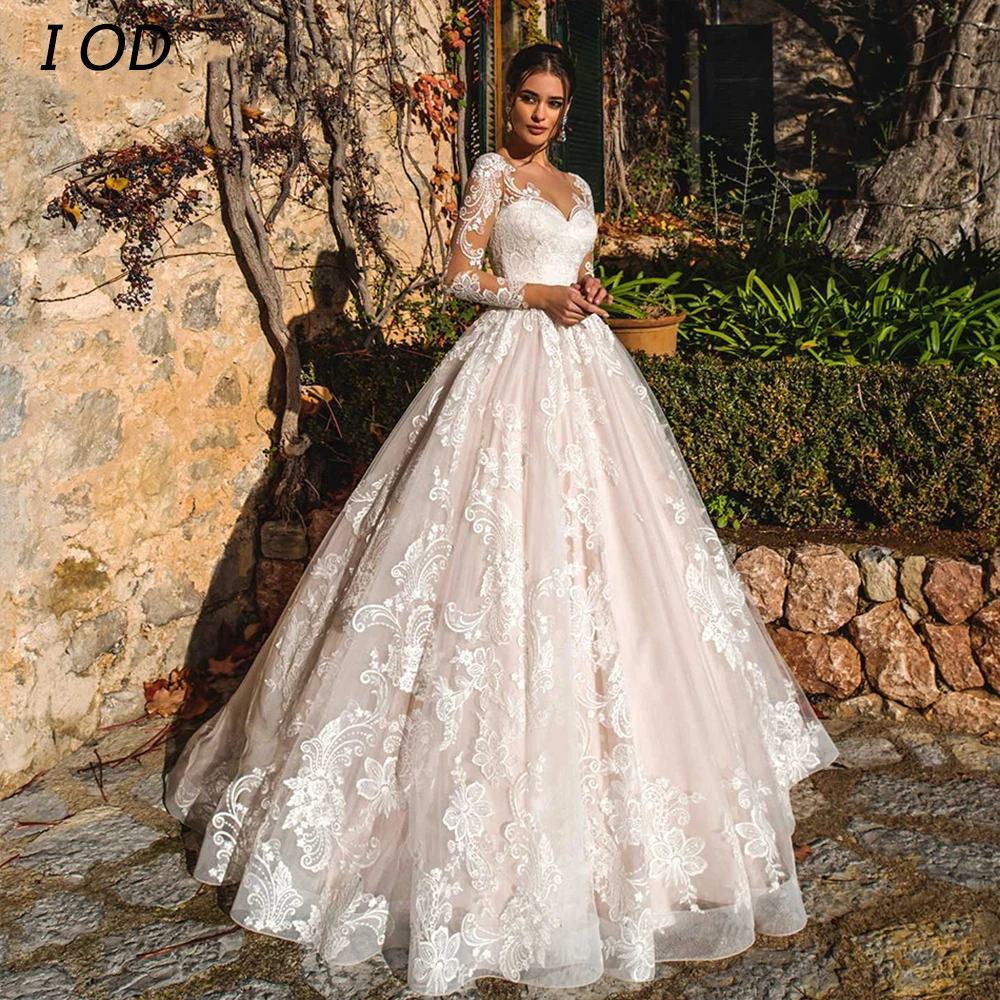 

I OD Luxury Wedding Dress V-Neck Long Sleeves Lace Appliques Illusion Button Bridal Ball Gown Floor Length Vestidos De Novia New