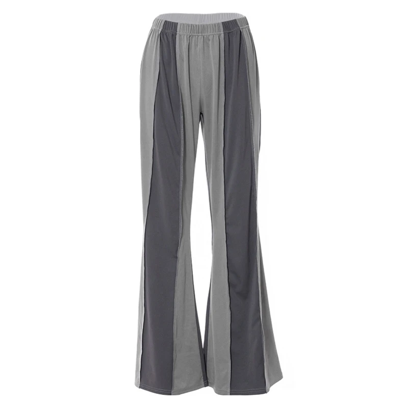 

Women Autumn Elastic Low Waist Flared Pants Contrast Color Patchwork Bell Bottom Wide Leg Full Length Slim Long Trousers