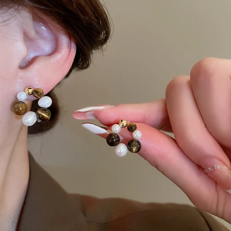 NISHIZAWA Круглые серьги с жемчугом Тигровый глаз Модные и изысканные легкие