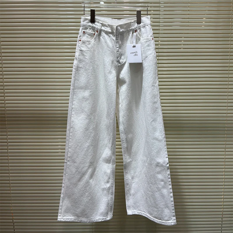 

22 Spring High Waist Straight Pants Women Runway Solid Cotton Basic Navy Blue Pink White Wide-leg Pants Top Quality Long Pants