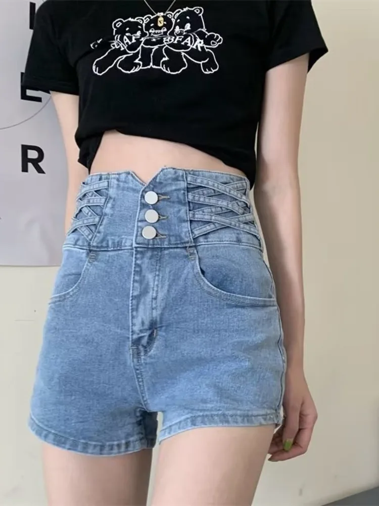 Feynzz's ultra-high waist denim shorts women's summer new thin elastic ins net red a-line hot pants tide section