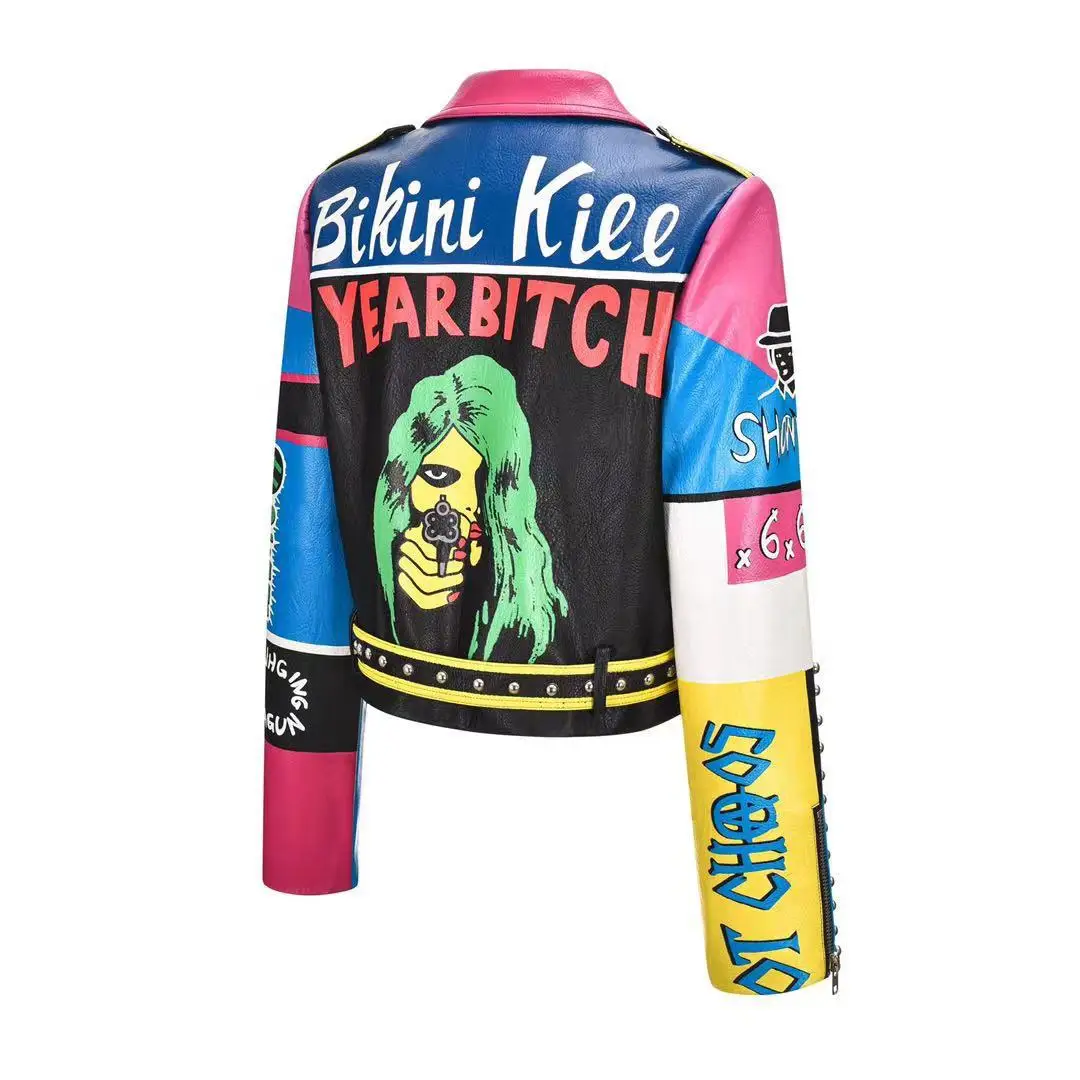 Women's autumn and winter new street spot rock punk pattern print personality girl rivet short leather jacket spot