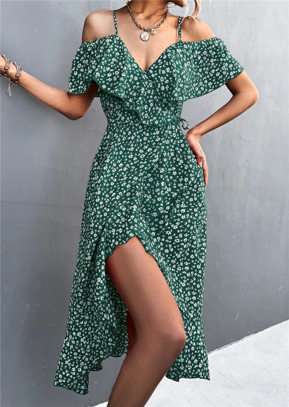 

Chic Floral Pint Dress Summer High Split Sexy V-neck Spaghetti Strap Dress 2022 Fashion Flounced Ladies Holiday Party Sundress