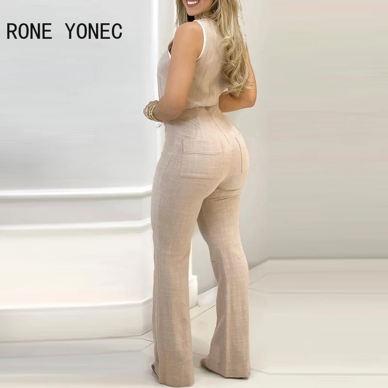 Женский комплект из топа с круглым вырезом без рукавов и брюк в рубчик карманами