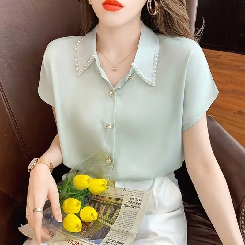 Summer New Solid POLO Neck Chiffon Shirt Tops Short Sleeve Plus Size Loose Button Blouse Simplicity Elegant Women Clothing