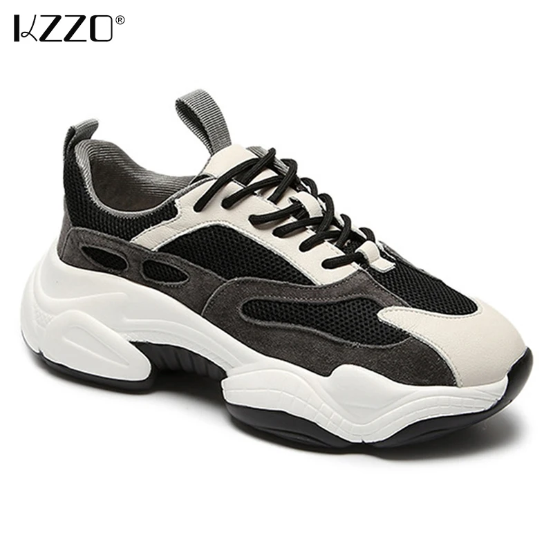 

KZZO Women's Genuine Leather platform sneakers Lace-Up Ladies Casual Shoes Handmade vulcanize shoes Patchwork Fabric Trainers