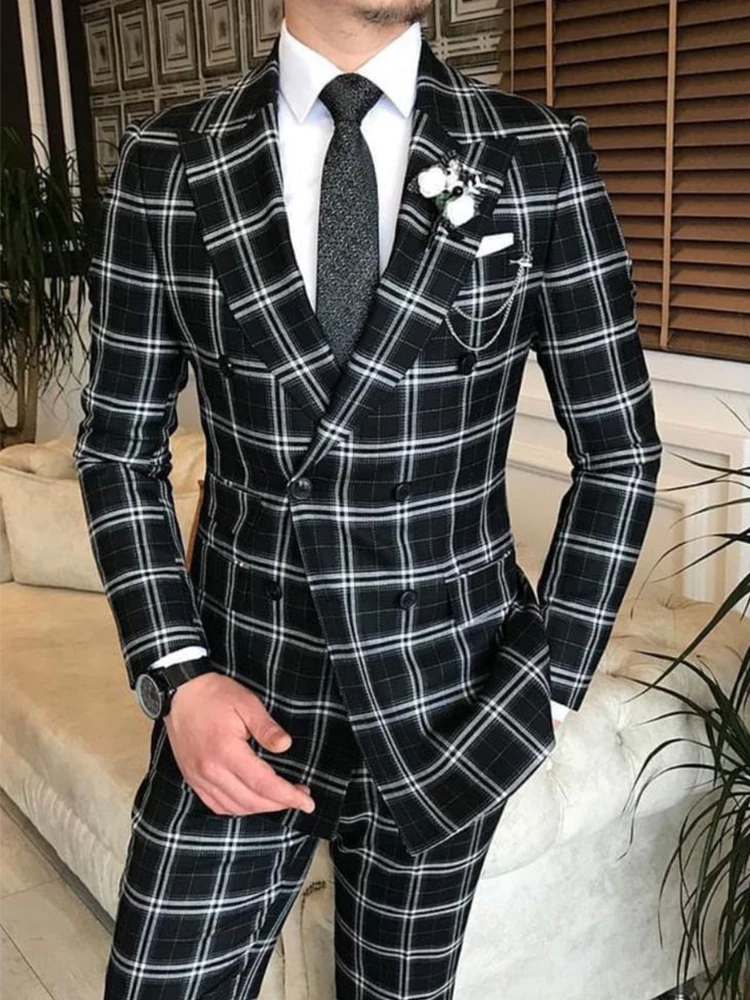 Striped Plaid Men's Suit Double Breasted Lapel Collar Slim Fit Gentleman Two-piece Versatile Casual Social Office