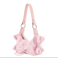 jiomay women shoulder bag 2022 nylon designer handbags ladies fashion casual purse sweet bow pearl chain summer pleated hobo bag