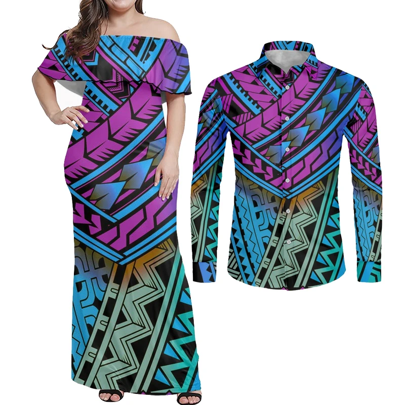 Женское длинное платье с открытыми плечами принтом