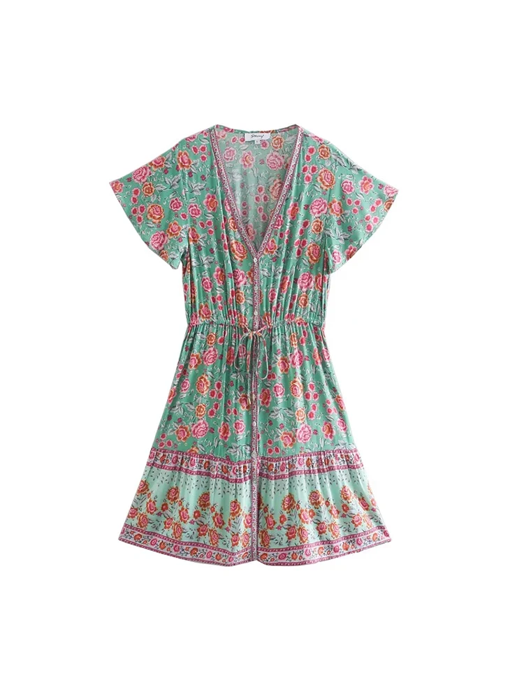 

Women Bohemian V-neck Single Breasted Dress 2022 Summer V-neck Short Sleeve Boho A-line Mini Dresses