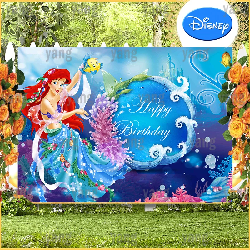 The Little Mermaid Photo Background  Red Hair Disney Ariel Under Blue Deep Sea Castle Lovely Girls Princess Birthday Backdrop