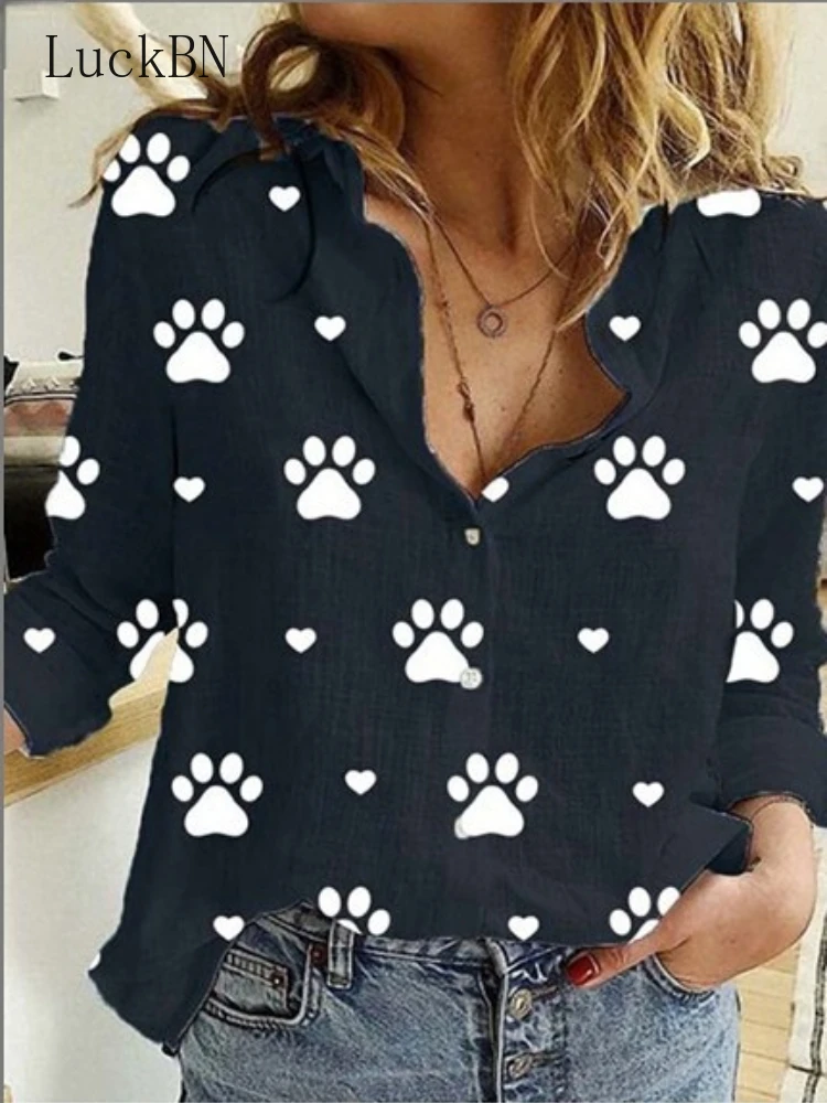 

Lapel Long Sleeve Women Shirt Spring Autumn Vintage Dog Paw Print Blouse White Blue Pink Casual Loose Button Up Shirts Blusas