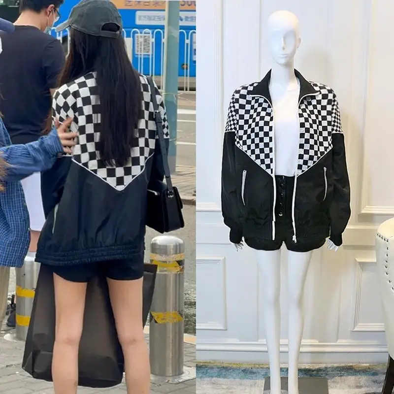 

Black White Plaid Checkerboard Jacket Fashion Loose Windbreaker Zipper Coat Women Clothes Top 2022 Autumn New Outerwear