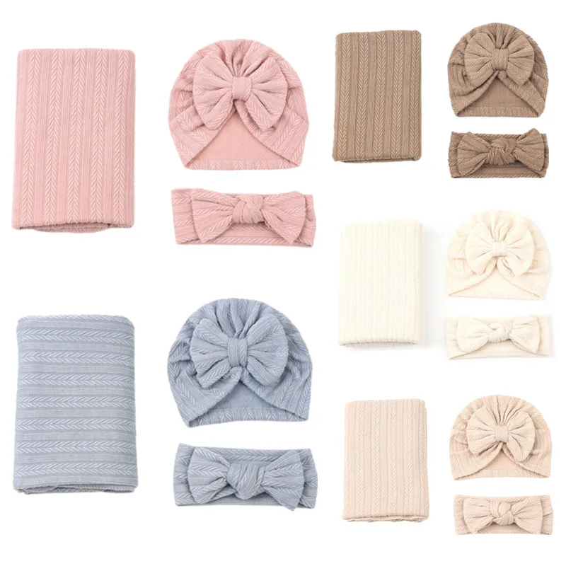 Manta de punto para bebé recién nacido, conjunto de turbante con lazo, diadema, manta receptora para regalo de Baby Shower, Otoño e Invierno