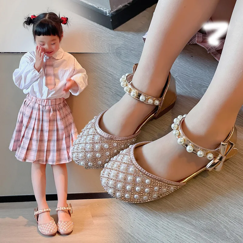 

Children's Small Leather Shoes Summer 2022 New Girls' Pearl Rhinestone Princess Shoes Little Girls' Bow Performance Shoes