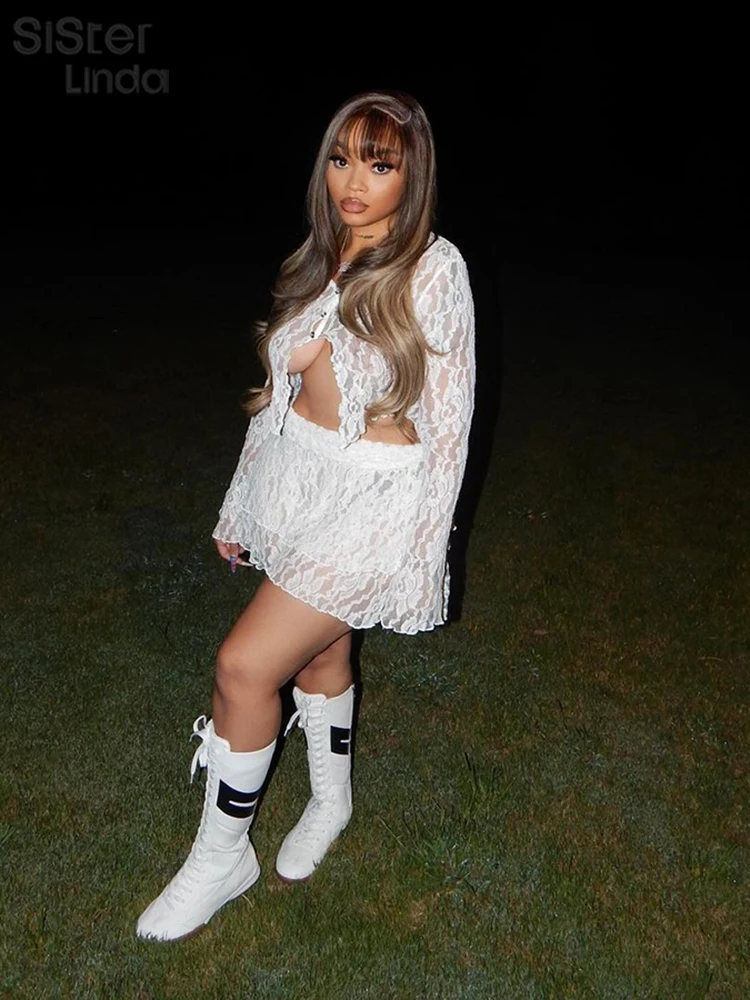 Женский прозрачный мини-костюм Sisterlinda однотонный костюм с юбкой выше колена для