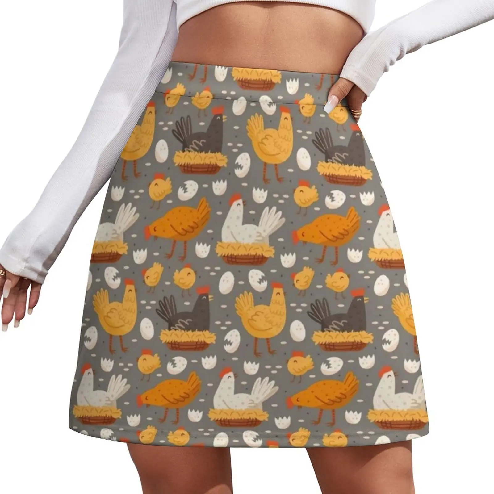 

Funny Chicken Print Skirt Woman Hen On Nest Egg Vintage Mini Skirts High Waist Graphic Aesthetic Casual Skirt Large Size
