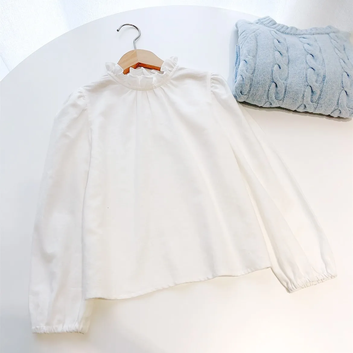 

baby girls clothes cotton tops White lace collar solid bottoming shirt Girls' versatile blouse