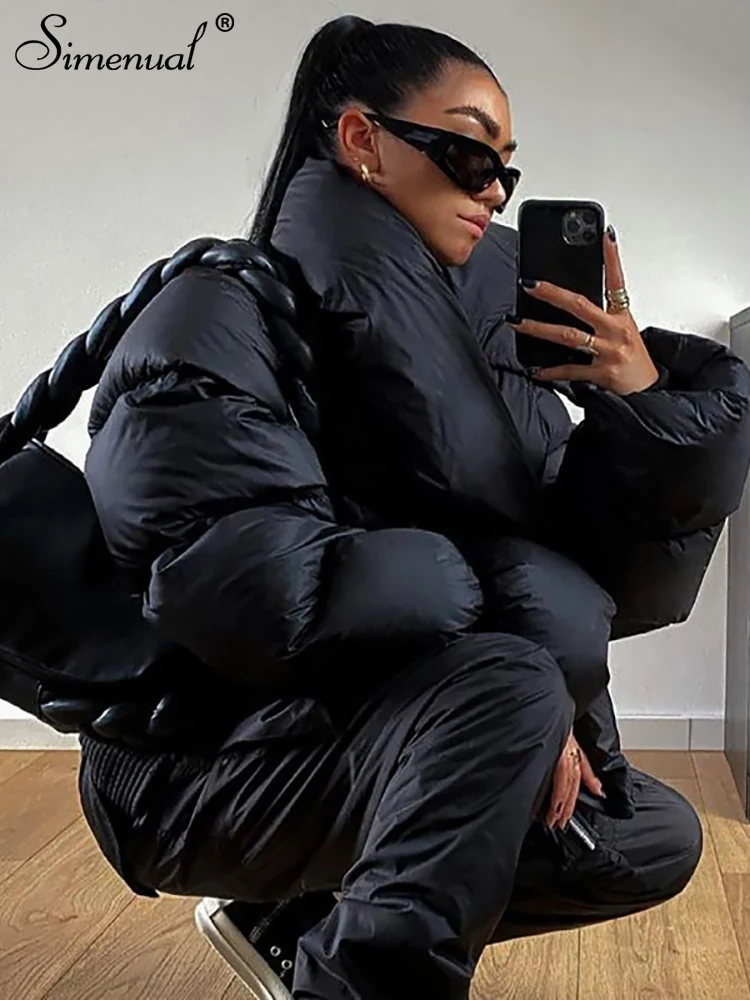 Simenual Solid Oversized Winter Coat for Women Warm Scarf Collar Buttons Puffer Jacket Casual Streetwear Cotton-padded Outwear