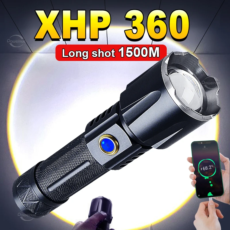 

New Powerful LED Flashlight XHP360 Super Bright Tactical Flash light Long Range Rechargeable Torch Waterproof Camping Hand Light