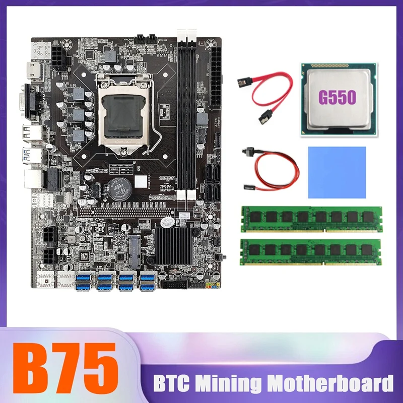 B75 BTC Miner Motherboard 8XUSB+G550 CPU+2XDDR3 8G 1600Mhz RAM+SATA Cable+Switch Cable+Thermal Pad B75 USB Motherboard