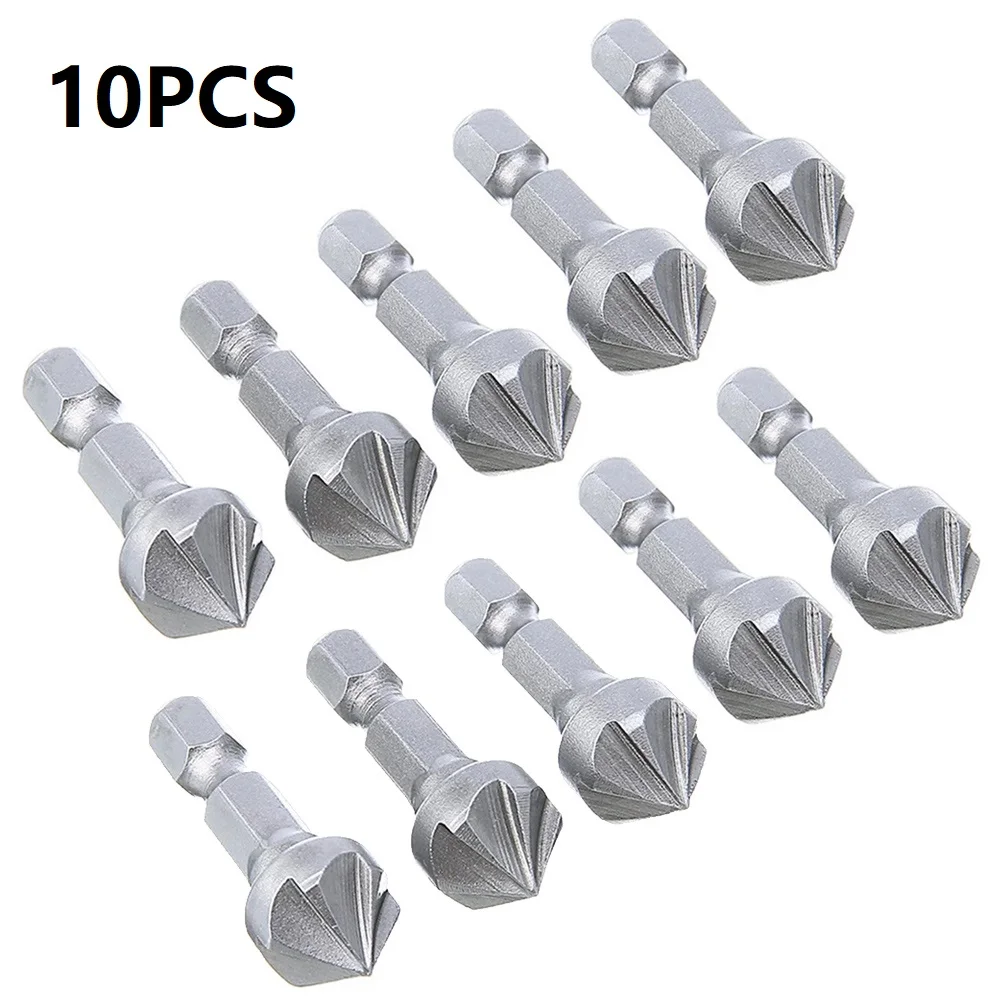 

10pcs Six Flute 90 Degree Countersink Drill Bit Chamfer Bit 1/4" Hex Shank Carpentry Woodworking Angle Point Bevel Cutting Tool