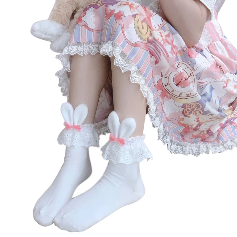 

Women Lolita Short Ankle Socks Kawaii Plush Rabbit Ear Bow Ruffled Lace Hosiery