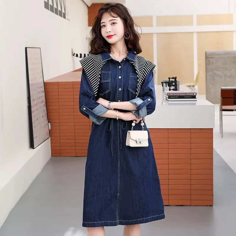 2023 New Denim Dress Female Casual New Autumn Spring Fashion Temperament Long Retro Long Sleeve Denim Dress Womens