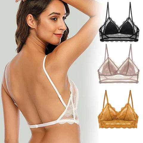 Sexy Backless Bra Lace Mesh Thin Brassiere Low Back Halter Soft Seamless Elastic Women Lingerie Beauty Back Ladies Encaje Mujer