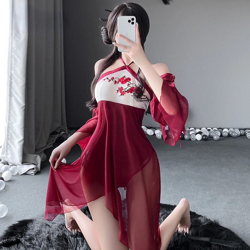 

Китайская классическая аниме Женская одежда для сна с лямкой на шее, Сетчатое нижнее белье с вышивкой, ночные рубашки, комплект ночной рубаш...