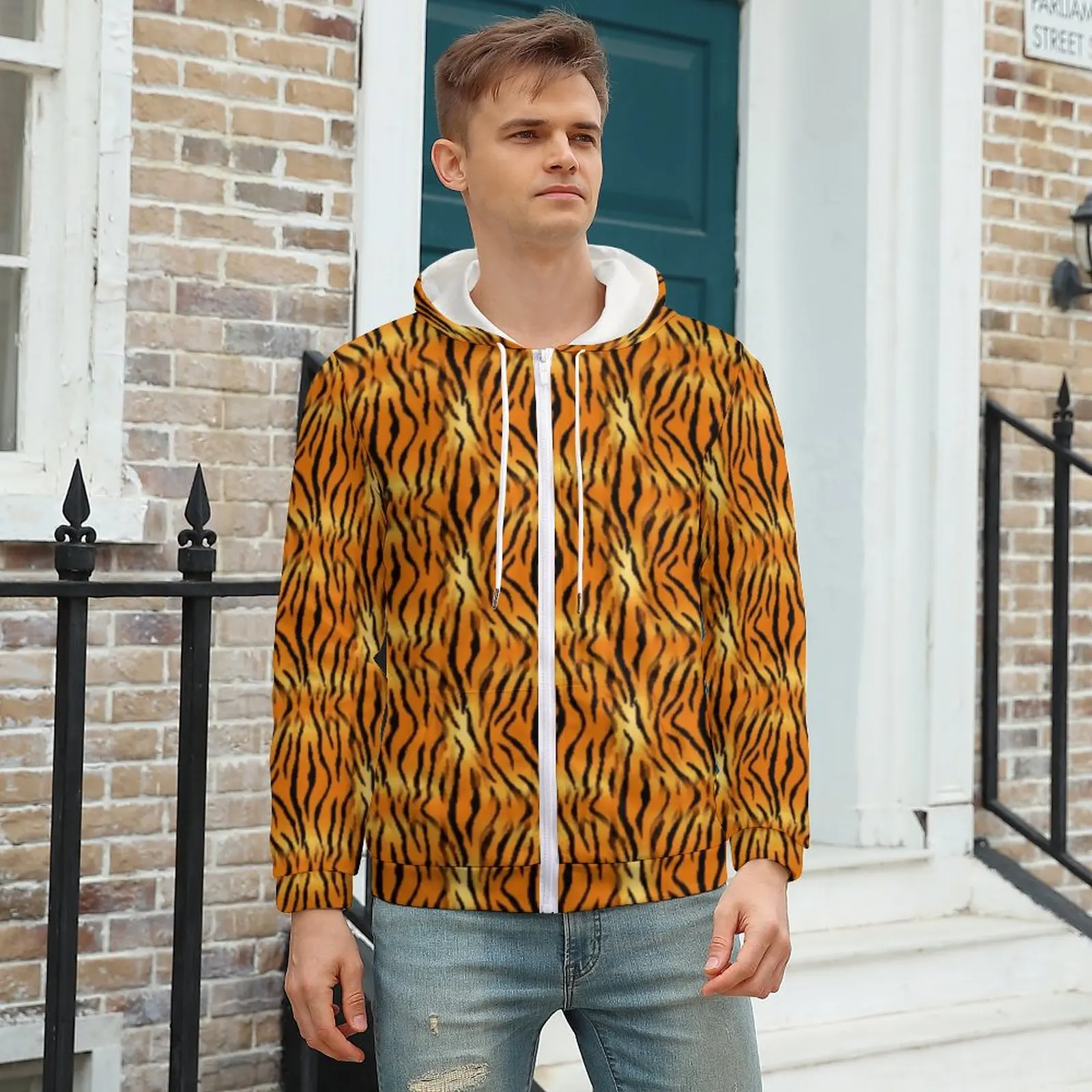 

Orange Tiger Print Hoodies Bright Animal Stripes Cool Pullover Hoodie Man Long Sleeve Oversize Street Wear Design Casual Clothes