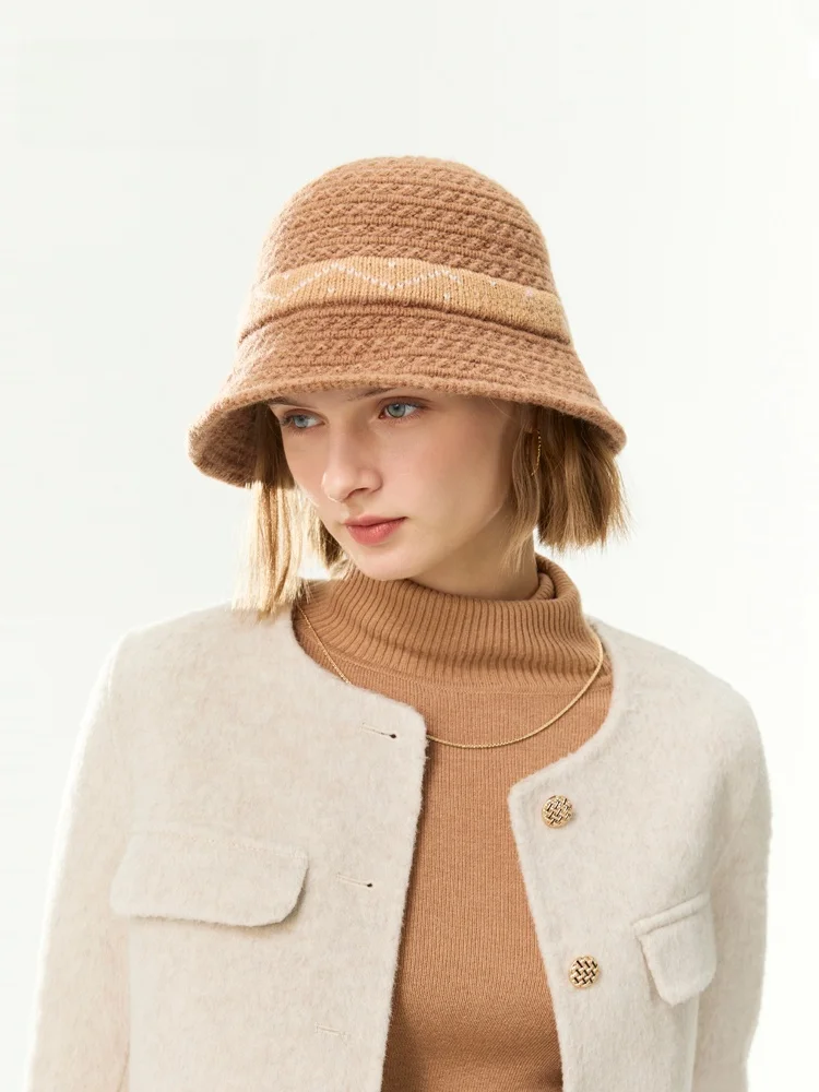 Elle Color Matching Wool Knitting Shaping Cap Women Autumn and Winter Outdoor Versitile Fashion Basin Hat Warm Fisherman
