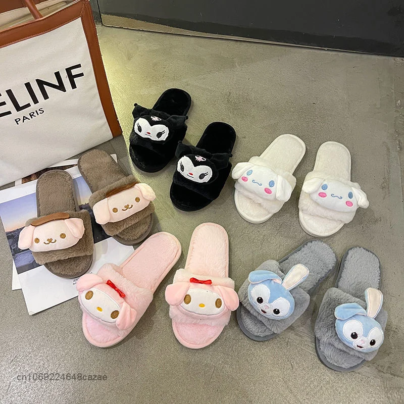 Sanrio Kuromi My Melody Pom Pom Purin Cinnamoroll Cute Slippers Korean Version Fur Slippers Home Comfortable Cotton Shoes Women