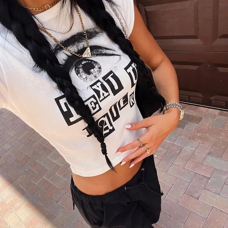 YOZOU 2022 Summer Cotton White Short Sleeve Graphic Y2K Baby Tee Tshirt for Girl Female Crop Top Grunge Clothes Rave Outfits |
