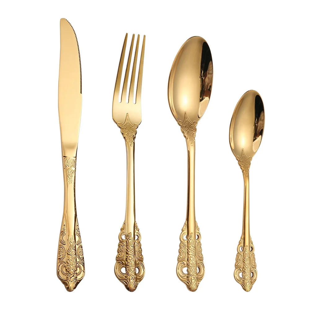 Luxury Gold Plated Dinner Set Vintage Western Gold Plated Cutlery Stainless Steel Knife Fork Silver Dinnerware Flatware