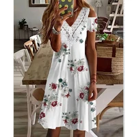 summer women fashion seexy white dress oversize short sleeve v neck floral print contrast lace cold shoulder casual dress