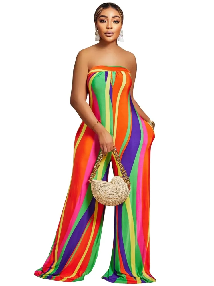 

Wide Leg Pants Jumpsuit Women Lace Up Backless Strapless Playsuit Summer New Colors Striped Print Sexy Party Jumpsuits Overalls