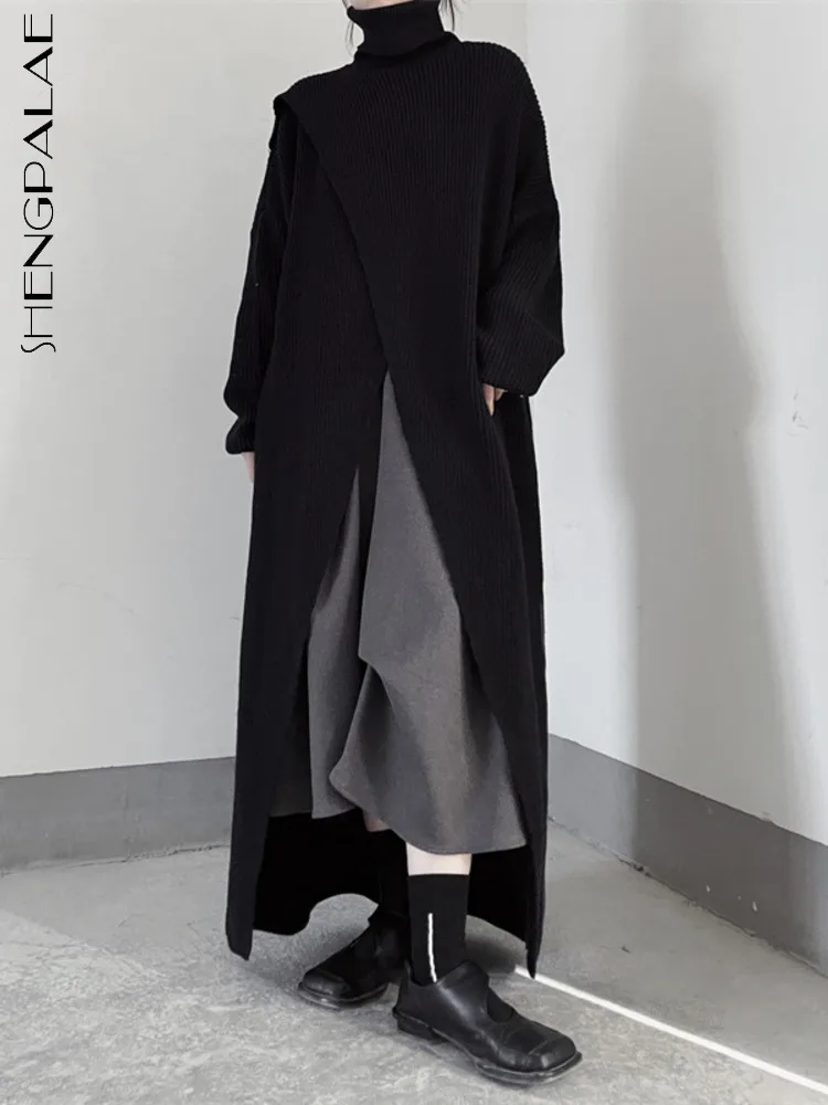 

SHENGPALAE асимметричное трикотажное платье с высоким воротником для женщин, черное свободное минималистичное Повседневное платье-свитер 2023, В...