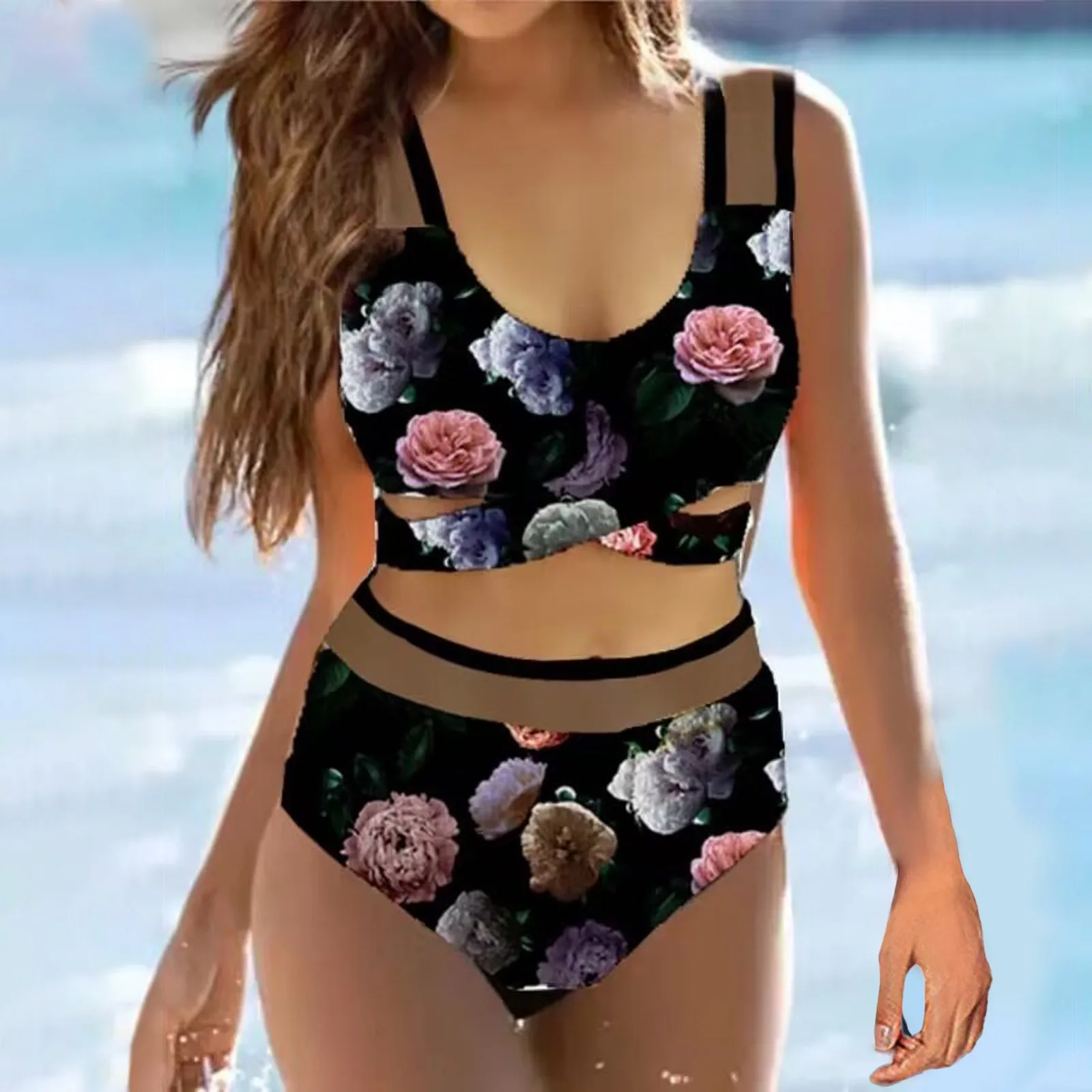 

Женский новый купальник с цифровым принтом, сетчатый раздельный сексуальный бикини, Женский раздельный купальник с подкладкой, бикини с высокой талией