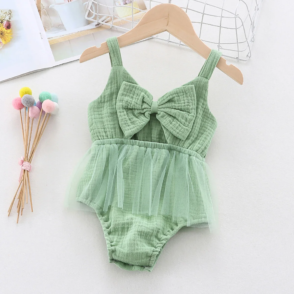 

Hibobi Baby Girl Bowknot Mesh Suspenders Bodysuit
