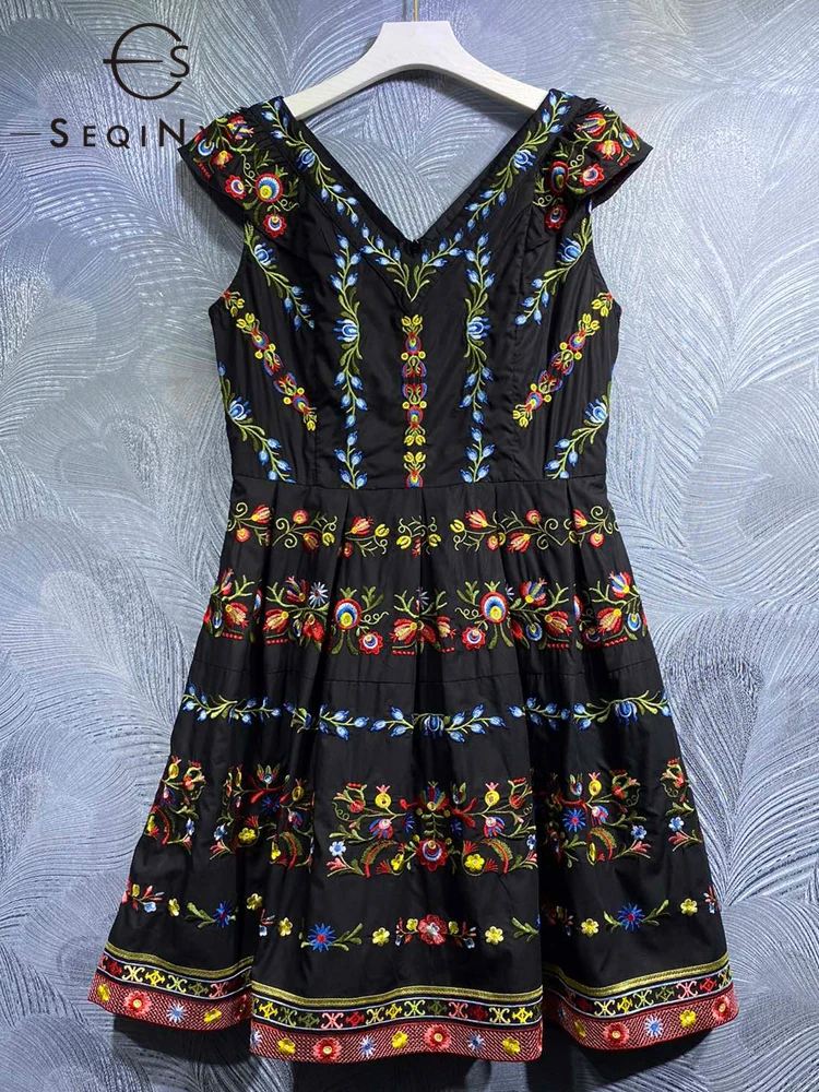 

SEQINYY Bohemian Mini Dress Summer Spring New Fashion Design Women Runway High Quality Embroidery Flowers Vintage 95% Cotton