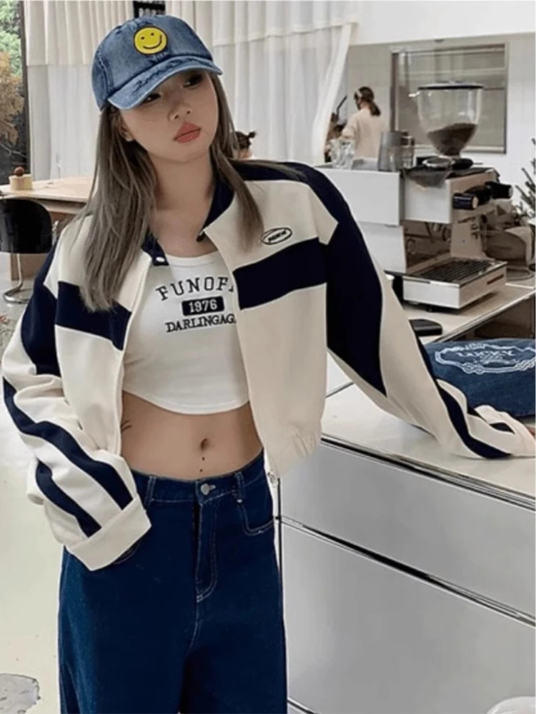 Куртка контрастных цветов короткая верхняя одежда на молнии в стиле преппи для