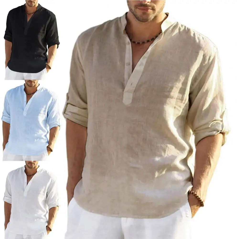 

Simple Buttons V-neck Long Sleeve Men Shirt Classic Stand Collar Solid Color T-shirt Anti-pilling Breathable Casual T-shirt