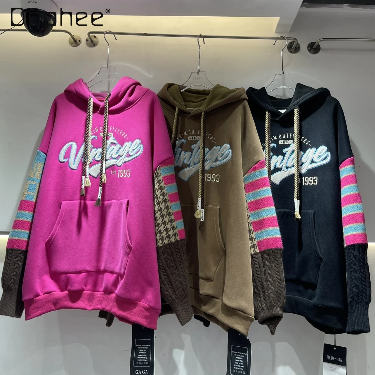 

Fashion Knitted Hooded Coat 2023 Autumn Winter Fleece-lined Thick Mid-Length Loose Letter Embroidery Casual Sweatshirt Women