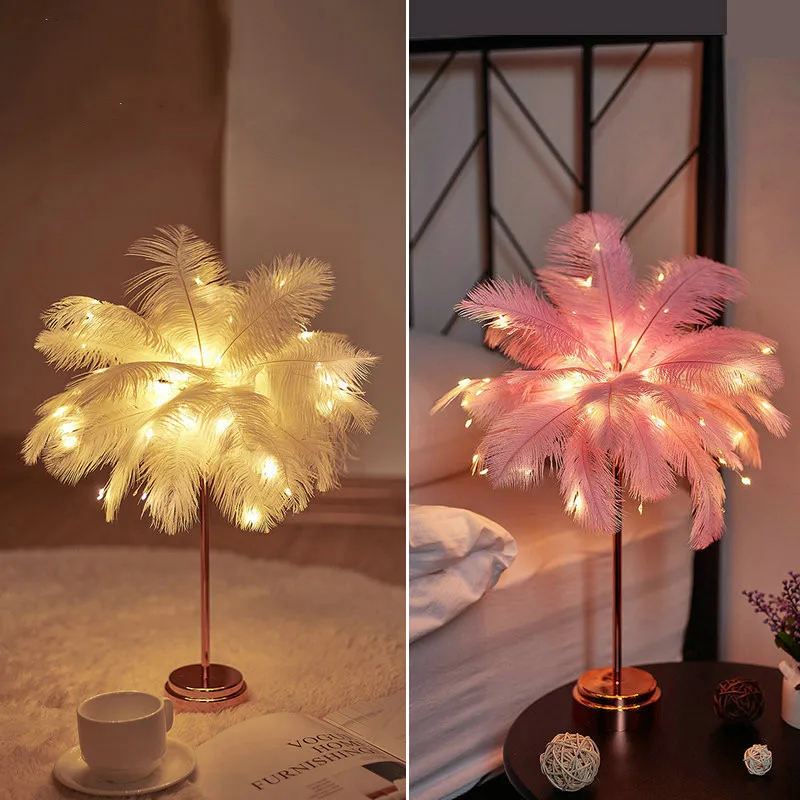 Wedding Decoration LED Night Light ins Hot Feather Table Lamp Bedroom Bedside Lamp Modern Small Lantern Festive Girl Gift