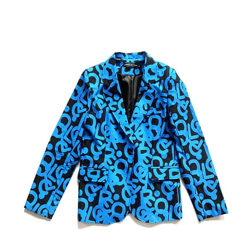 Blue letter print suit mens blazers stage jackets singer nightclub hipster hairdresser fashion clothes dance