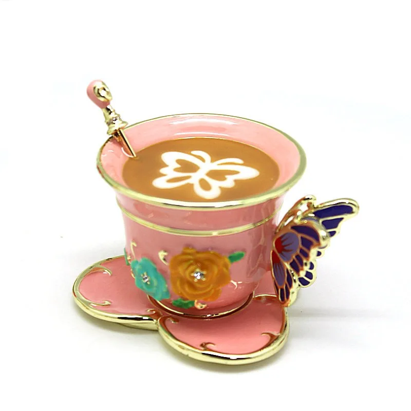 Vintage style Hand Painted Two Piece Set Coffee Cup with Flowers and Butterfly Trinket Box