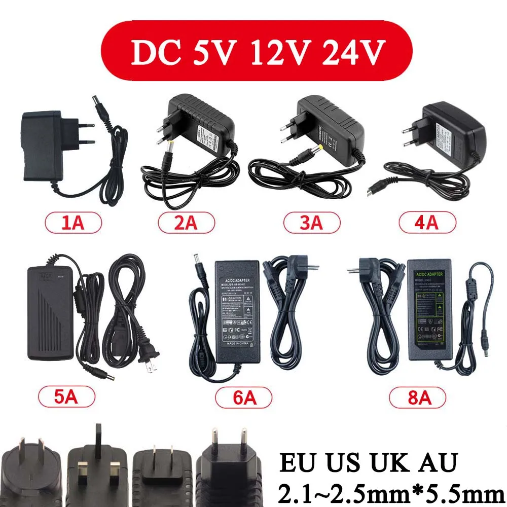 DC 5V 12V 24V Power Supply Adapter 2.1mm~2.5mm*5.5mm Charger Lighting Transformer 1A 2A 3A 4A 5A 6A 8A 10A For CCTV Router |