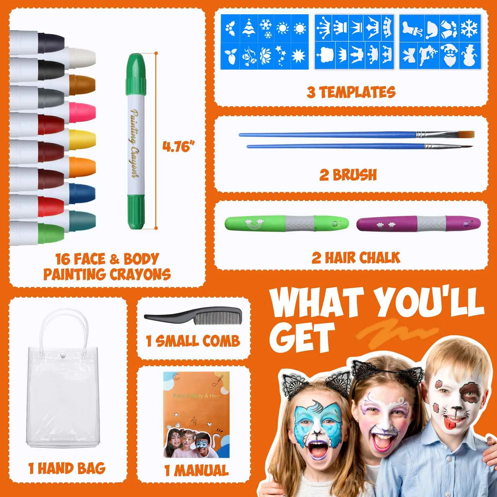 

16 Colors Face Painting Pencils Splicing Structure Face Paint Crayon for Children Party Makeup Christmas Body Painting Pen Stick
